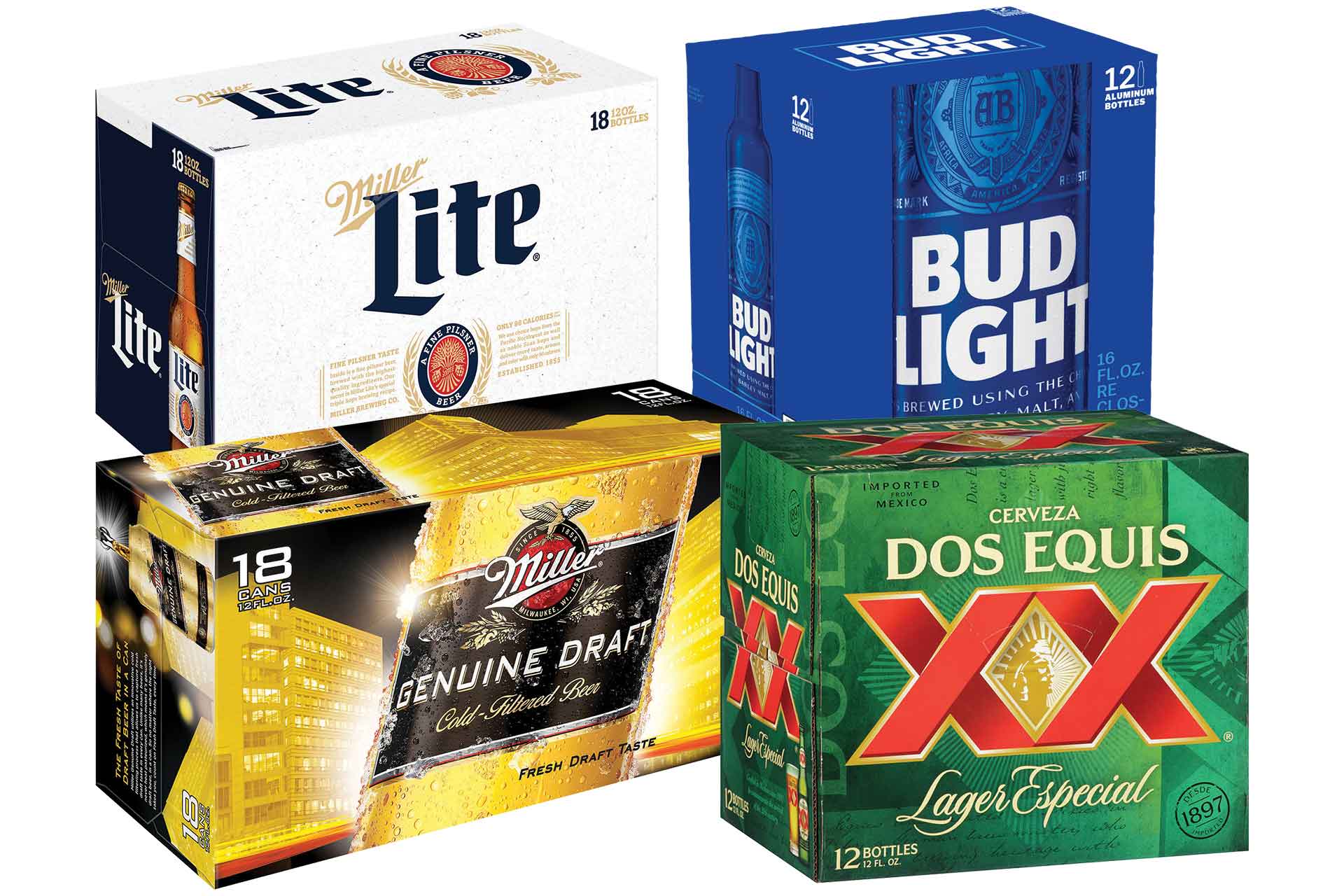 Budweiser, Dos Equis or Miller 12 and 18 Packs